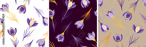 bohemian floral repeat background with blooming crocus flowers on white dark and beige backdrops for elegant surface design