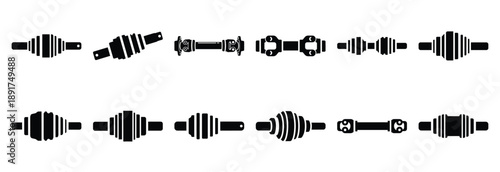 drive shaft silhouette vector icons set, industrial machinery parts abstract mechanical illustration.