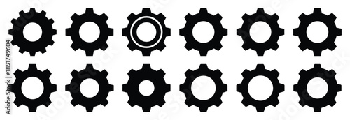 gear wheel silhouette vector icons set, industrial machinery parts abstract mechanical illustration.