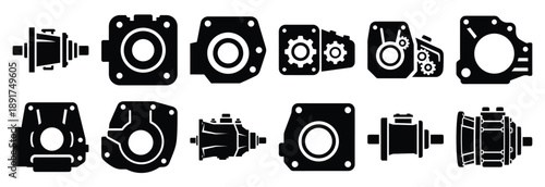 gearbox housing silhouette vector icons set, industrial machinery parts abstract mechanical illustration.