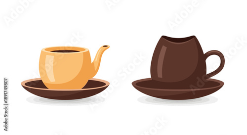 Two coffee sets with cups saucers and a teapot illustration