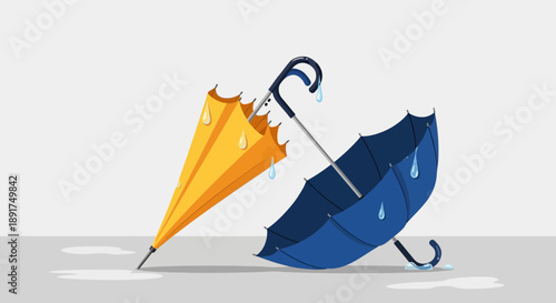 Two Umbrellas Inverted on Wet Surface.