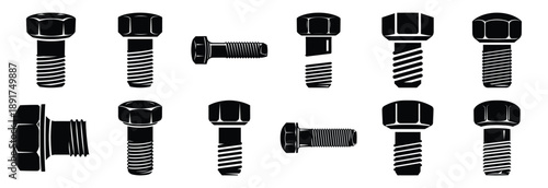 industrial bolt silhouette vector icons set, industrial machinery parts abstract mechanical illustration.