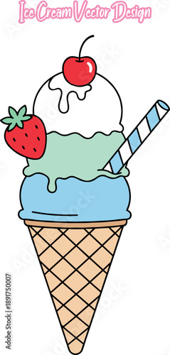 Ice Cream Vector, Delicious Two-Scoop Cone Ice Cream With Strawberry Line Art Design, Double Scoop Berry Wafer Drawing Illustration, Hand Drawn Line Art Vector of a Tasty Summer Berry Topped Scoop