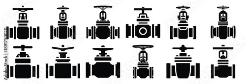 industrial control valve silhouette vector icons set, industrial machinery parts abstract mechanical illustration.