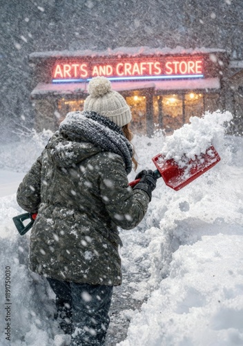 Amid a heavy snowfall, a woman shovels a path through deep snow toward an arts and crafts store, where the neon sign glows warmly against the wintry landscape