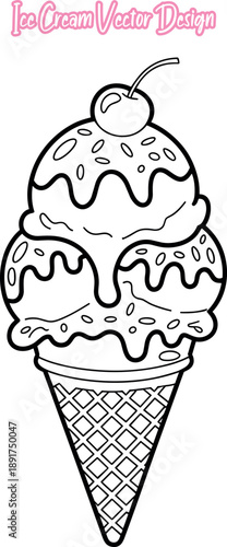 Ice Cream Vector, Delicious Two-Scoop Cone Ice Cream With Strawberry Line Art Design, Double Scoop Berry Wafer Drawing Illustration, Hand Drawn Line Art Vector of a Tasty Summer Berry Topped Scoop