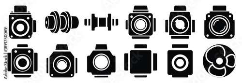 industrial cam silhouette vector icons set, industrial machinery parts abstract mechanical illustration.