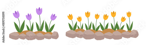 Flowers growing in soil in stone flowerbed vector set.
Outdoor stone flowerbed with blooming flowers illustration.
Garden flowers in stone enclosed flowerbed clipart collection.