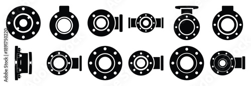 industrial exhaust flange silhouette vector icons set, industrial machinery parts abstract mechanical illustration.