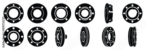 industrial flange silhouette vector icons set, industrial machinery parts abstract mechanical illustration.