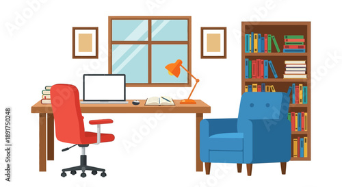 Cartoon illustration of a brightly lit home office workspace