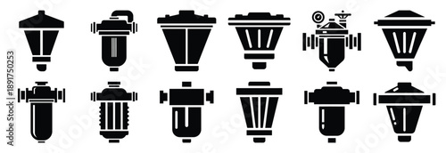 industrial filter silhouette vector icons set, industrial machinery parts abstract mechanical illustration.