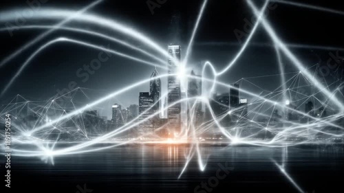 Futuristic cityscape with abstract light network in darkness, tech concept
