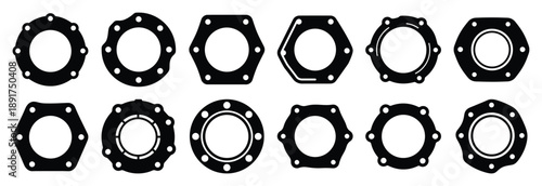 industrial gasket silhouette vector icons set, industrial machinery parts abstract mechanical illustration.