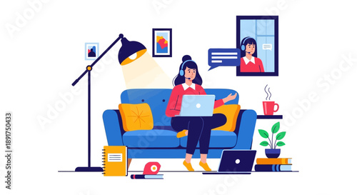 Woman working remotely on laptop video call in progress