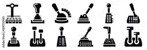industrial gear selector silhouette vector icons set, industrial machinery parts abstract mechanical illustration.