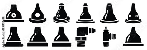industrial grease nipple silhouette vector icons set, industrial machinery parts abstract mechanical illustration.