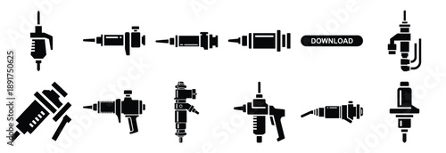 industrial injector silhouette vector icons set, industrial machinery parts abstract mechanical illustration.