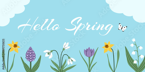 Spring banner background, vector illustration. Cute flowers, leaves, textures, text for floral spring design, easter, birthday, mothers day.