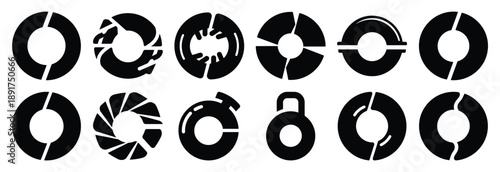 industrial lock washer silhouette vector icons set, industrial machinery parts abstract mechanical illustration.