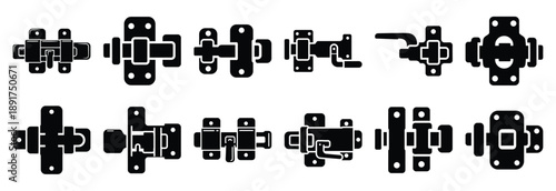 industrial latch silhouette vector icons set, industrial machinery parts abstract mechanical illustration.