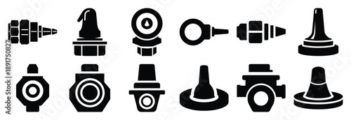 industrial lubrication port silhouette vector icons set, industrial machinery parts abstract mechanical illustration.