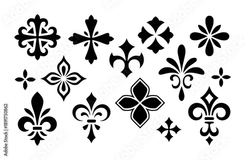 Collection of black heraldic fleur de lis and cross ornamental symbols a white background