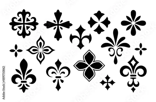 Fototapeta na wymiar Collection of black heraldic fleur de lis and cross ornamental symbols a white background