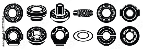 industrial machine bearing silhouette vector icons set, industrial machinery parts abstract mechanical illustration.