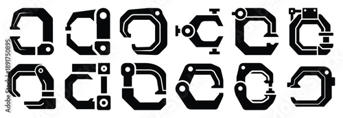 industrial machine clamp silhouette vector icons set, industrial machinery parts abstract mechanical illustration.