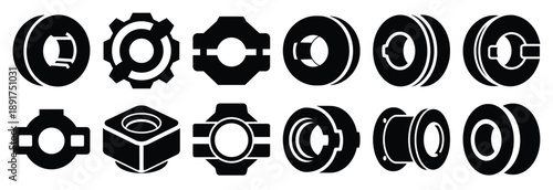 industrial machine guide silhouette vector icons set, industrial machinery parts abstract mechanical illustration.