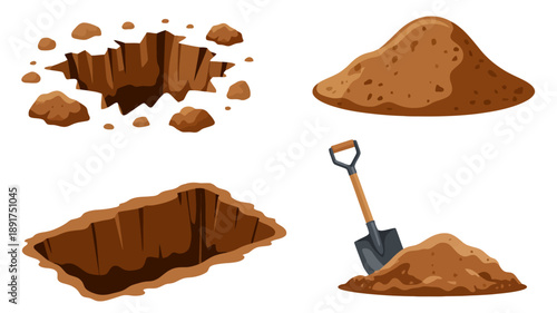Collection of cartoon holes in the ground and piles of dirt with a shovel earth soil