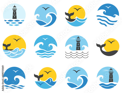 Collection of circular featuring ocean waves lighthouses whales and seagulls