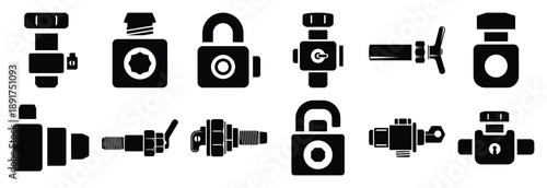 industrial machine locking silhouette vector icons set, industrial machinery parts abstract mechanical illustration.