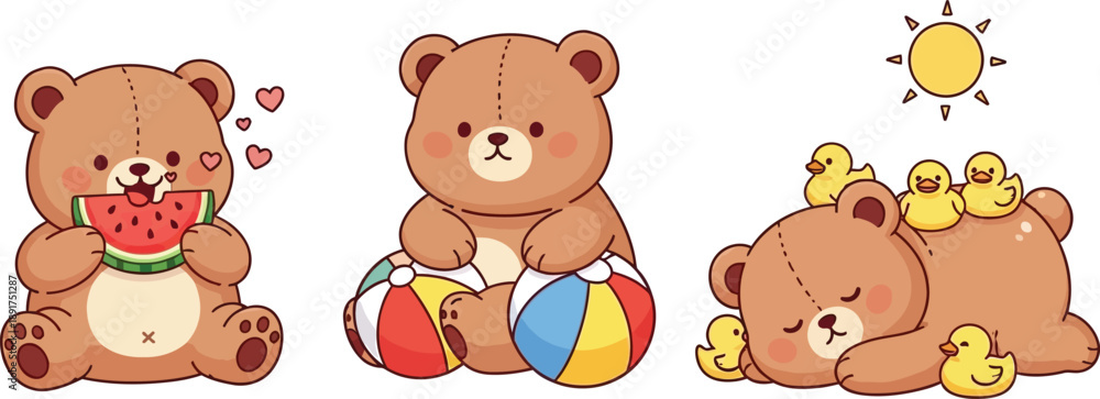 Fototapeta premium Cute bear enjoying summer activities, adorable animal illustration set, kawaii capybara, different funny animal characters, vector illustration
