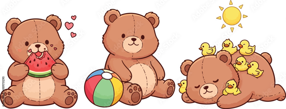 Obraz premium Cute bear enjoying summer activities, adorable animal illustration set, kawaii capybara, different funny animal characters, vector illustration