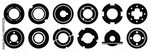 industrial machine spacer silhouette vector icons set, industrial machinery parts abstract mechanical illustration.