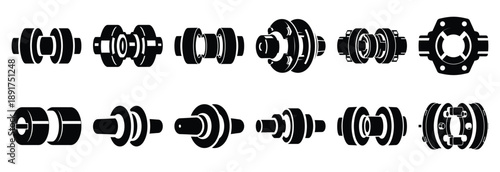 industrial machine shaft silhouette vector icons set, industrial machinery parts abstract mechanical illustration.