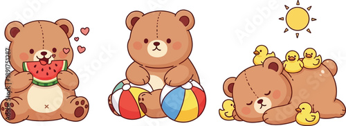 Cute bear enjoying summer activities, adorable animal illustration set, kawaii capybara, different funny animal characters, vector illustration