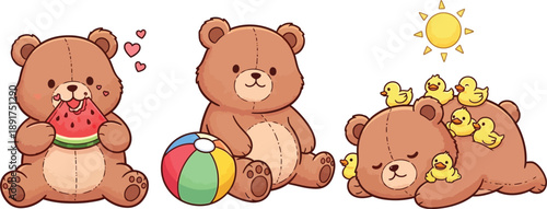 Cute bear enjoying summer activities, adorable animal illustration set, kawaii capybara, different funny animal characters, vector illustration