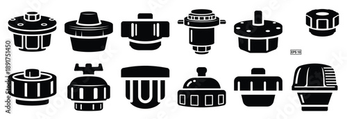 industrial pressure cap silhouette vector icons set, industrial machinery parts abstract mechanical illustration.