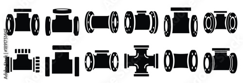 industrial pipe fitting silhouette vector icons set, industrial machinery parts abstract mechanical illustration.