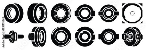 industrial shaft seal silhouette vector icons set, industrial machinery parts abstract mechanical illustration.