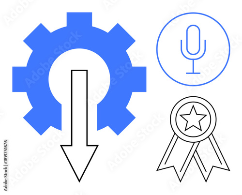Technology, sound recording, productivity, recognition, innovation, and achievement. Blue gear with arrow, microphone icon and award ribbon. Technology and sound recording concept