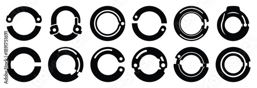 industrial snap ring silhouette vector icons set, industrial machinery parts abstract mechanical illustration.