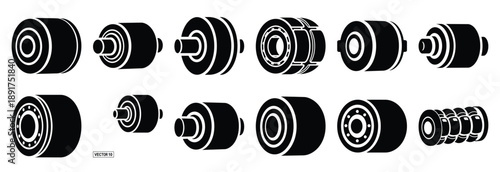 machine bearing roller silhouette vector icons set, industrial machinery parts abstract mechanical illustration.