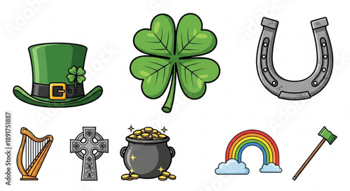 St patrick's day icons including hat shamrock horseshoe harp cross pot of gold rainbow and mallet on white