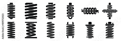 machine compression spring silhouette vector icons set, industrial machinery parts abstract mechanical illustration.