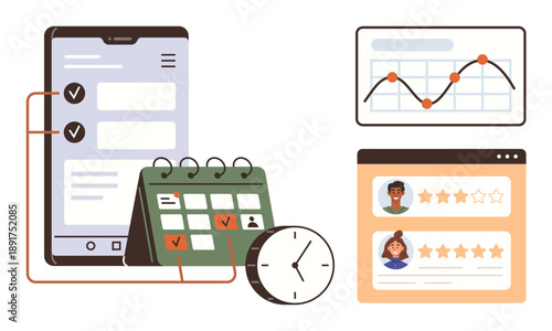 Project planning, time management, productivity, analytics, customer feedback, digital tools. Mobile device, calendar with tasks clock graphs and user feedback ratings. Task management and time